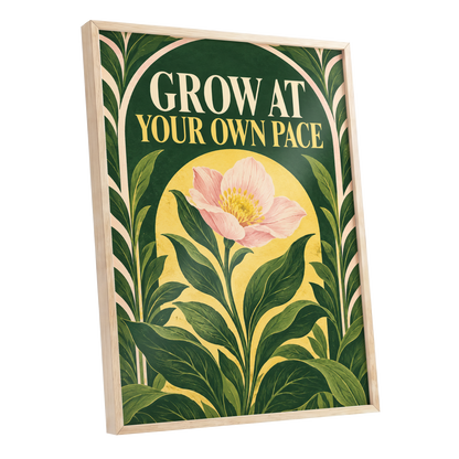 The Patient Bloom, green, yellow, pink floral wall art shown as a oak framed poster wall art print