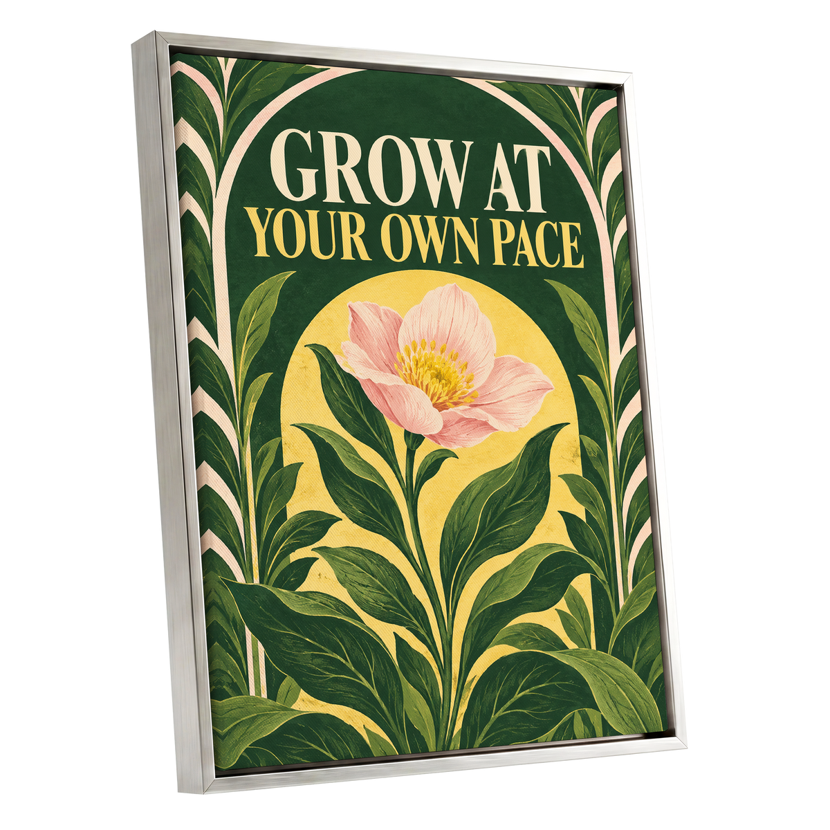 The Patient Bloom, green, yellow, pink floral wall art shown as a silver framed canvas wall art