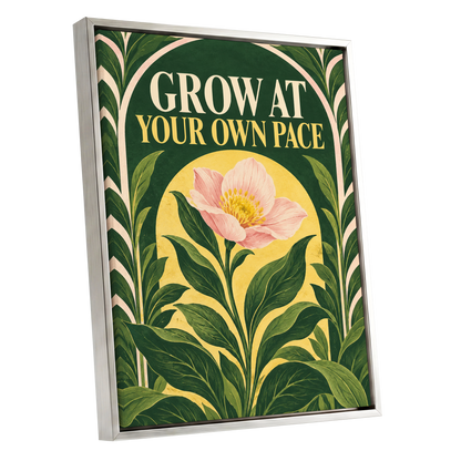 The Patient Bloom, green, yellow, pink floral wall art shown as a silver framed canvas wall art