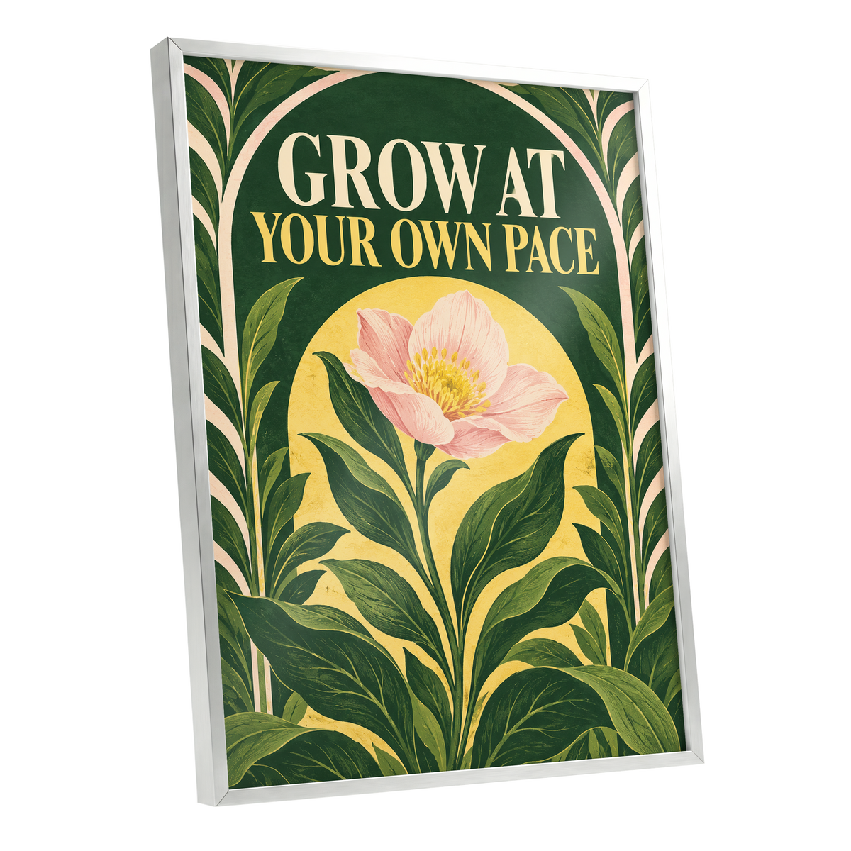 The Patient Bloom, green, yellow, pink floral wall art shown as a silver framed poster wall art print