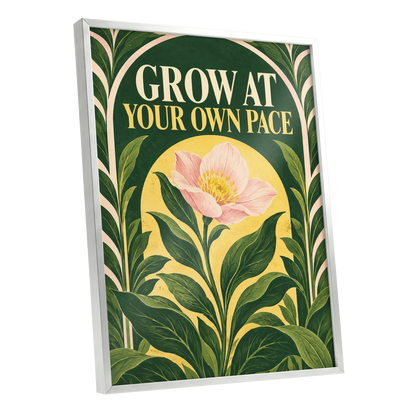 The Patient Bloom, green, yellow, pink floral wall art shown as a silver framed poster wall art print