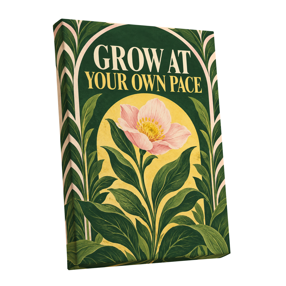 The Patient Bloom, green, yellow, pink floral wall art shown as a stretched canvas wall art