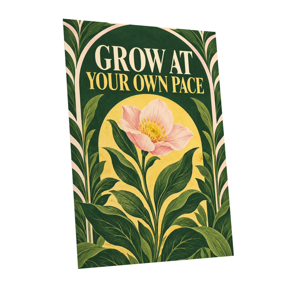 The Patient Bloom, green, yellow, pink floral wall art shown as a unframed poster wall art print