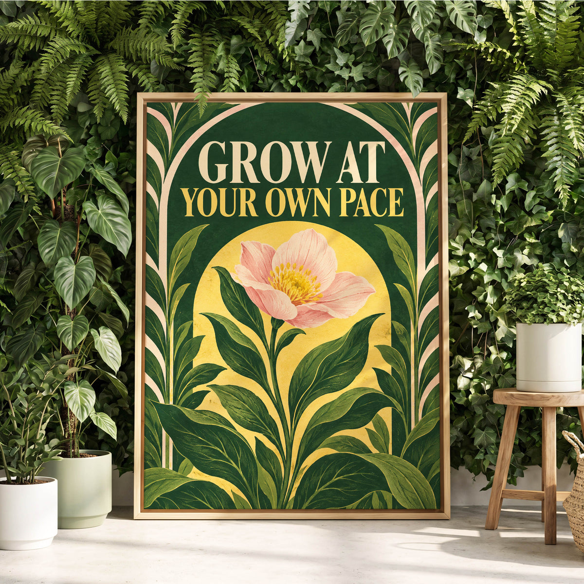 The Patient Bloom, green, yellow, pink floral wall art displayed in a styled interior, gallery view 1