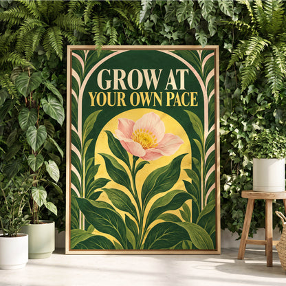 The Patient Bloom, green, yellow, pink floral wall art displayed in a styled interior, gallery view 1