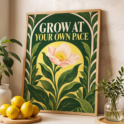 The Patient Bloom, green, yellow, pink floral wall art displayed in a styled interior, gallery view 2