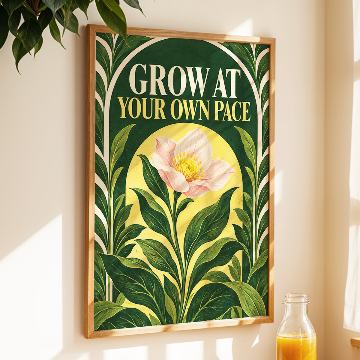 The Patient Bloom, green, yellow, pink floral wall art displayed in a styled interior, gallery view 3