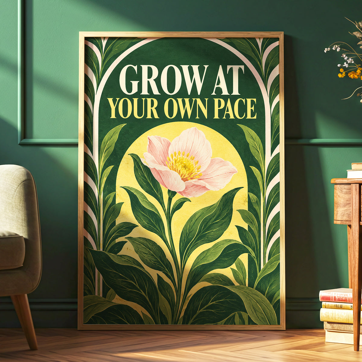 The Patient Bloom, green, yellow, pink floral wall art displayed in a styled interior, gallery view 6