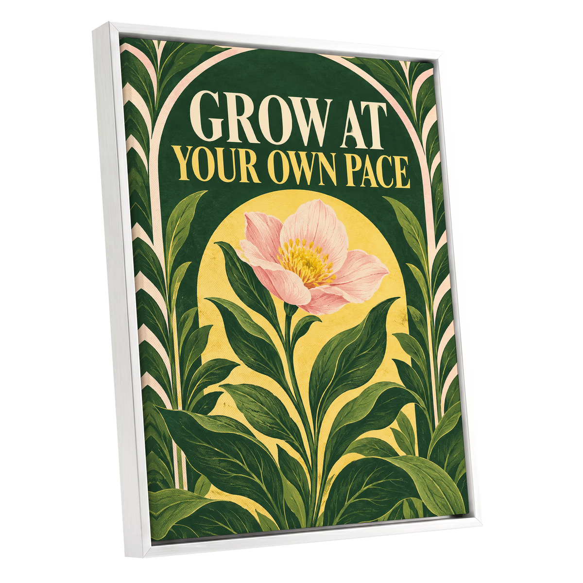 The Patient Bloom, green, yellow, pink floral wall art shown as a white framed canvas wall art
