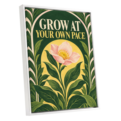 The Patient Bloom, green, yellow, pink floral wall art shown as a white framed canvas wall art