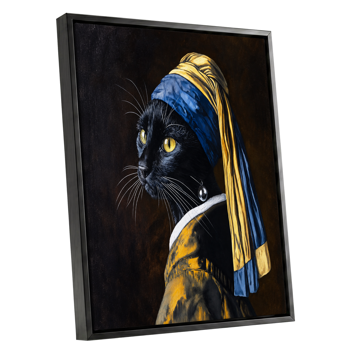The Pearl-Earring Cat, black, blue, gold minimalist wall art shown as a black framed canvas wall art