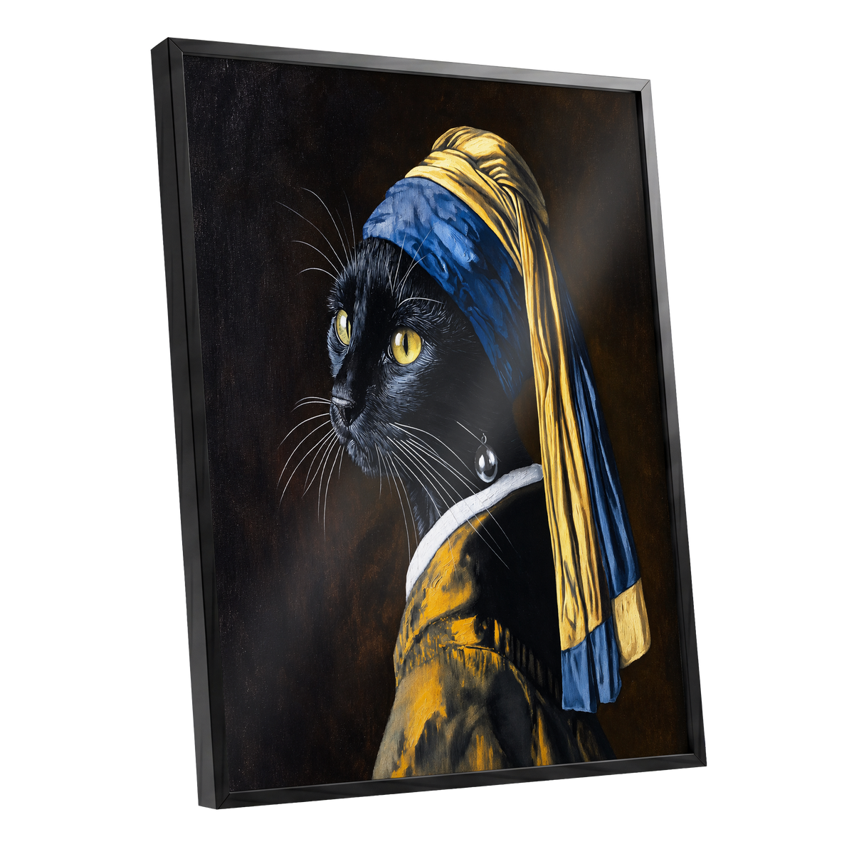 The Pearl-Earring Cat, black, blue, gold minimalist wall art shown as a black framed poster wall art print