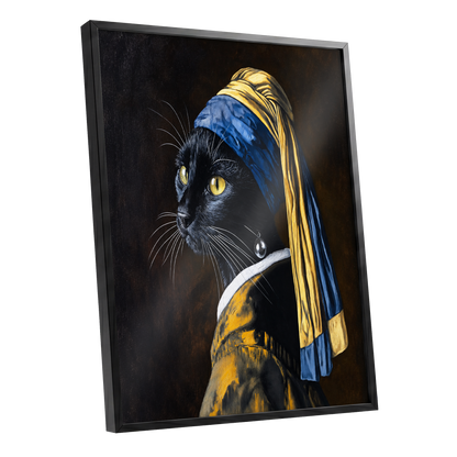 The Pearl-Earring Cat, black, blue, gold minimalist wall art shown as a black framed poster wall art print