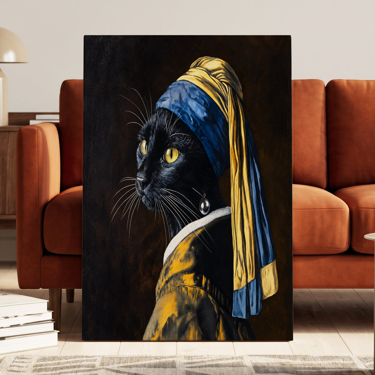 The Pearl-Earring Cat, black, blue, gold minimalist wall art on canvas displayed in a styled interior, gallery view 1