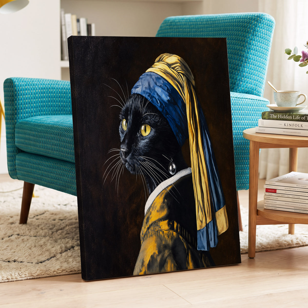 The Pearl-Earring Cat, black, blue, gold minimalist wall art on canvas displayed in a styled interior, gallery view 2