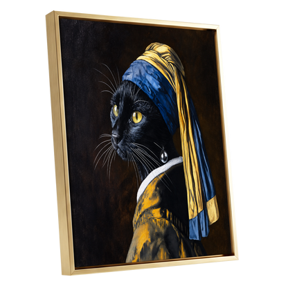 The Pearl-Earring Cat, black, blue, gold minimalist wall art shown as a gold framed canvas wall art