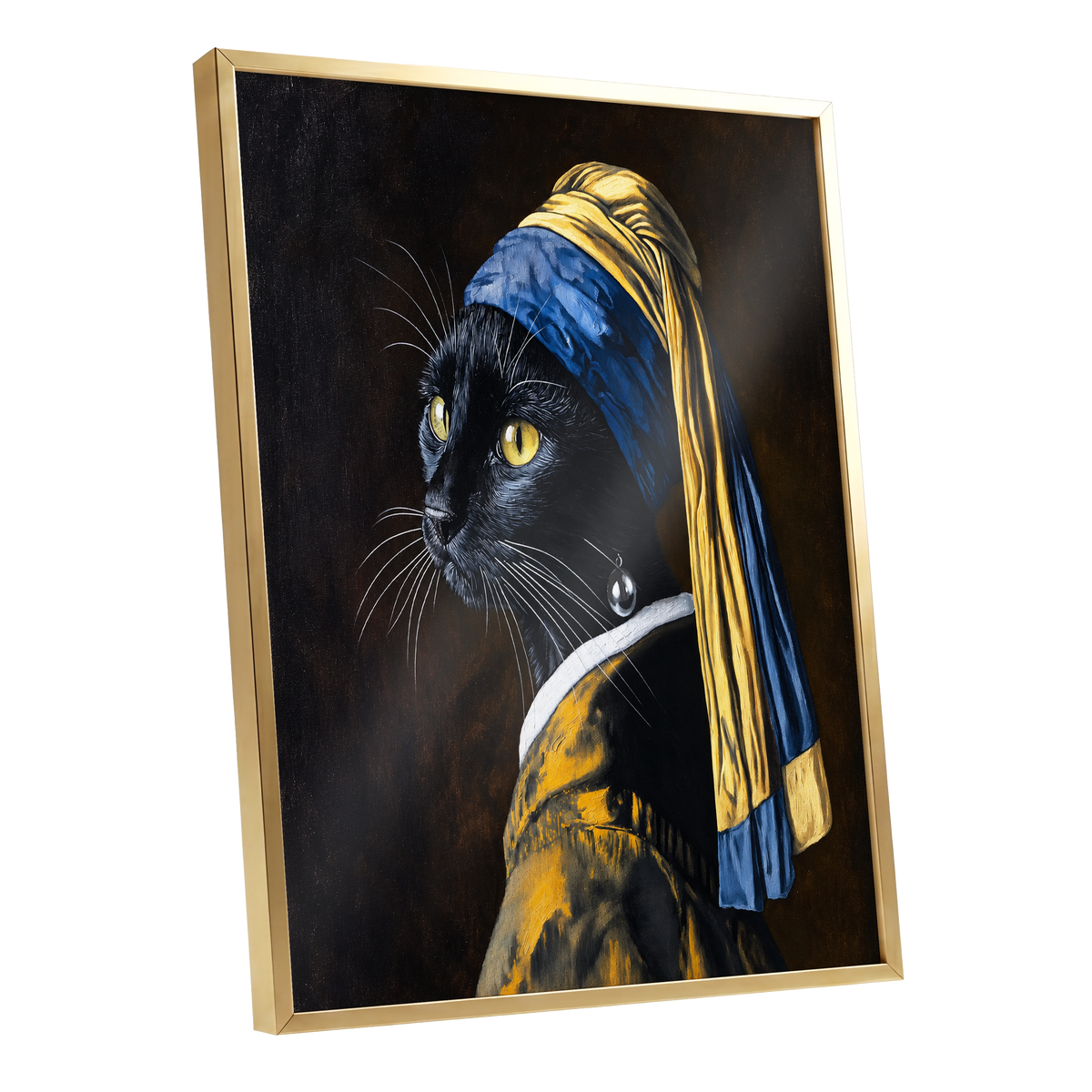 The Pearl-Earring Cat, black, blue, gold minimalist wall art shown as a gold framed poster wall art print