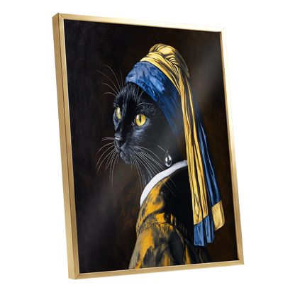 The Pearl-Earring Cat, black, blue, gold minimalist wall art shown as a gold framed poster wall art print