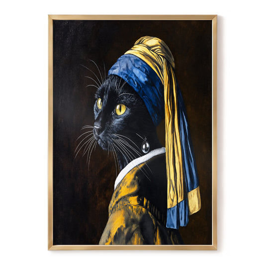 The Pearl-Earring Cat, black, blue, gold minimalist wall art, front artwork view