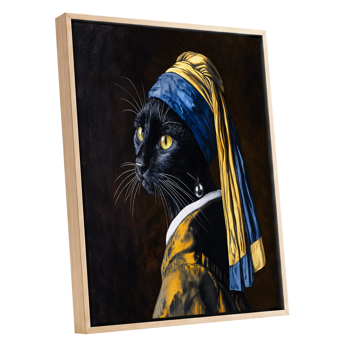 The Pearl-Earring Cat, black, blue, gold minimalist wall art shown as a oak framed canvas wall art