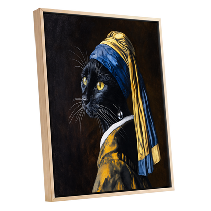 The Pearl-Earring Cat, black, blue, gold minimalist wall art shown as a oak framed canvas wall art