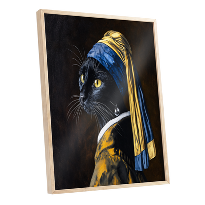 The Pearl-Earring Cat, black, blue, gold minimalist wall art shown as a oak framed poster wall art print