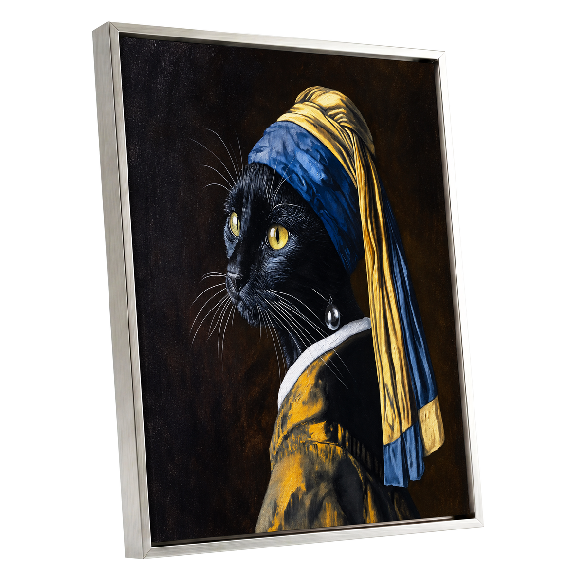 The Pearl-Earring Cat, black, blue, gold minimalist wall art shown as a silver framed canvas wall art