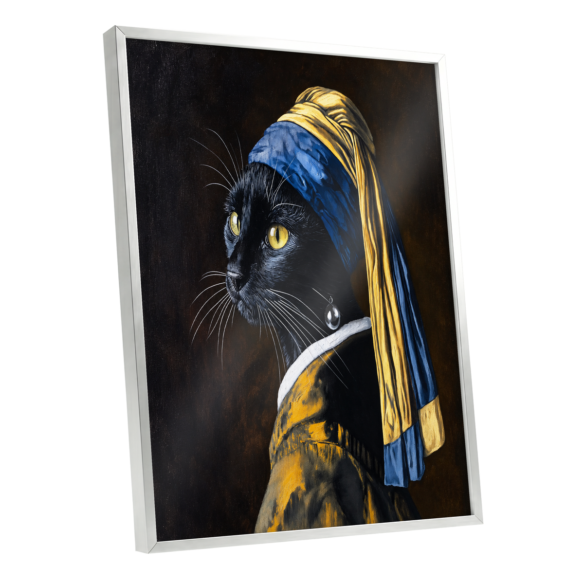 The Pearl-Earring Cat, black, blue, gold minimalist wall art shown as a silver framed poster wall art print