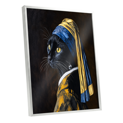 The Pearl-Earring Cat, black, blue, gold minimalist wall art shown as a silver framed poster wall art print