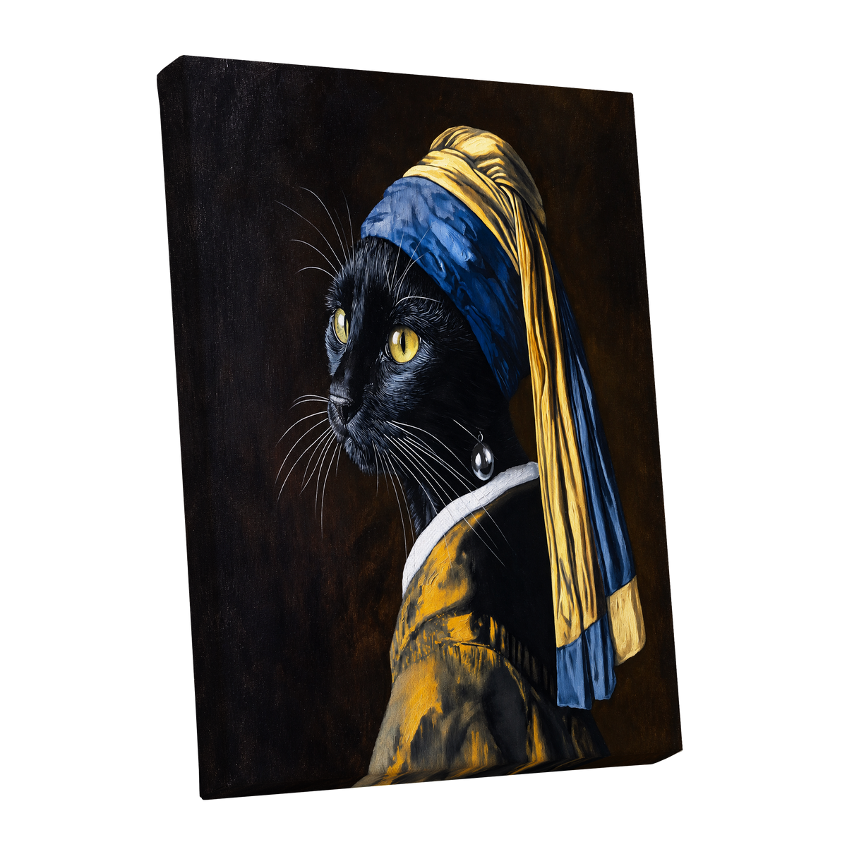 The Pearl-Earring Cat, black, blue, gold minimalist wall art shown as a stretched canvas wall art