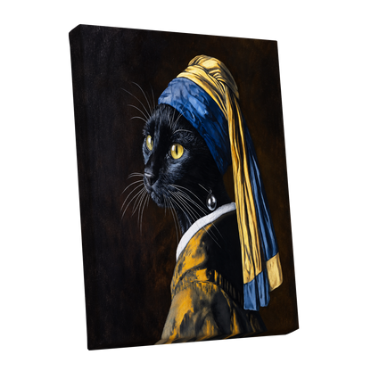 The Pearl-Earring Cat, black, blue, gold minimalist wall art shown as a stretched canvas wall art