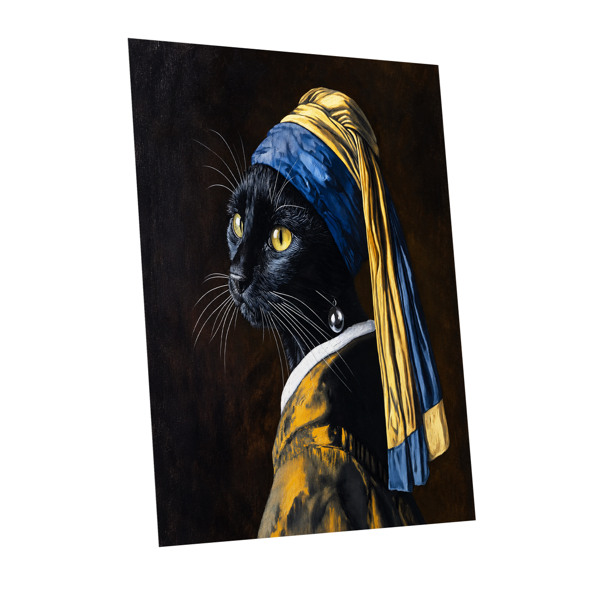 The Pearl-Earring Cat, black, blue, gold minimalist wall art shown as a unframed poster wall art print