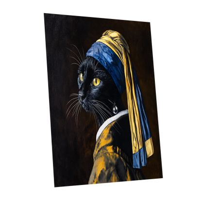 The Pearl-Earring Cat, black, blue, gold minimalist wall art shown as a unframed poster wall art print