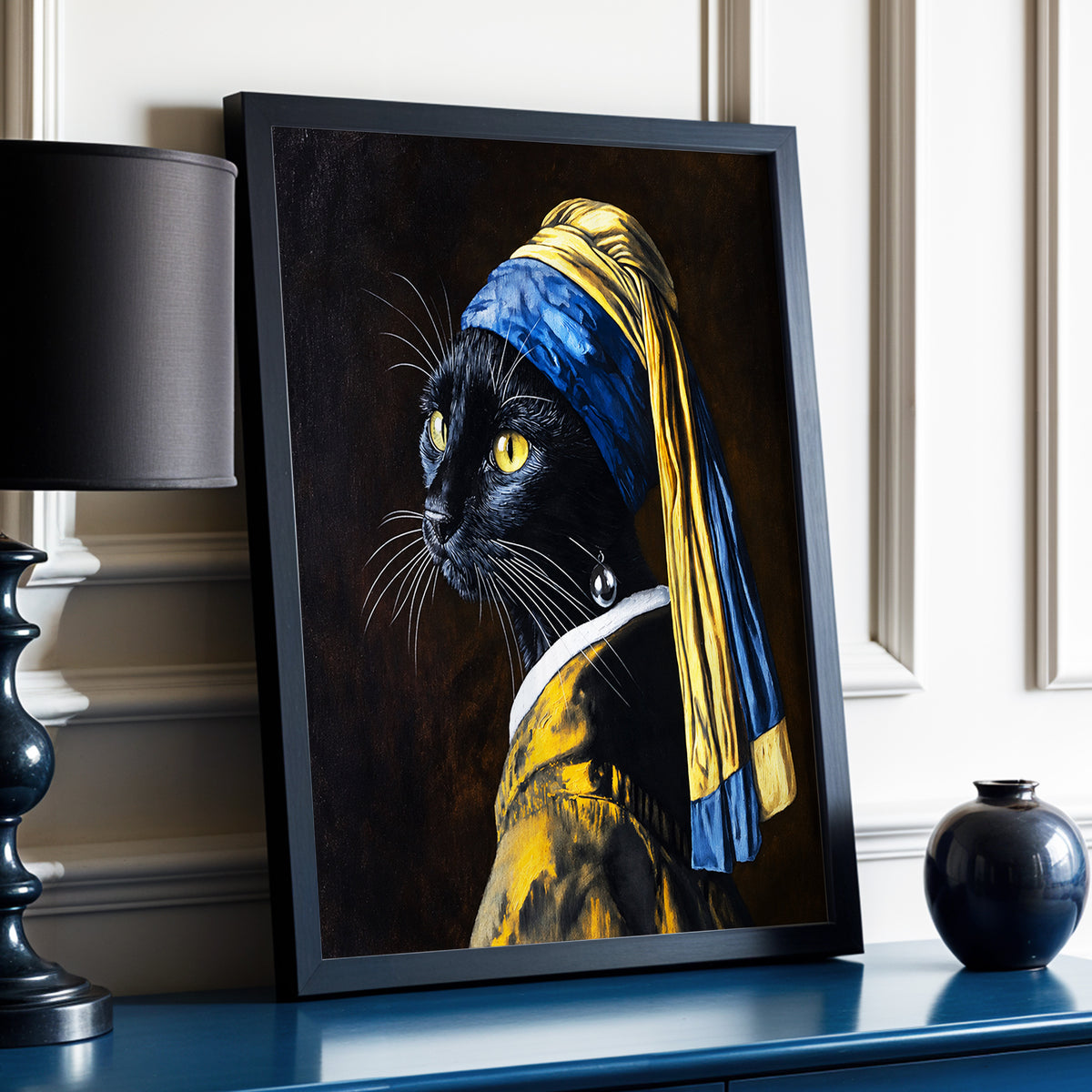 The Pearl-Earring Cat, black, blue, gold minimalist wall art displayed in a styled interior, gallery view 2