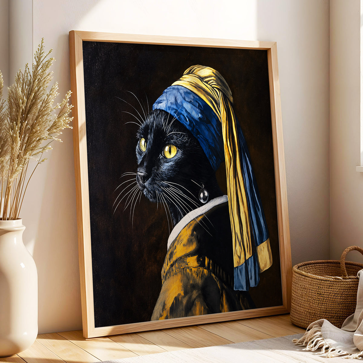 The Pearl-Earring Cat, black, blue, gold minimalist wall art displayed in a styled interior, gallery view 3