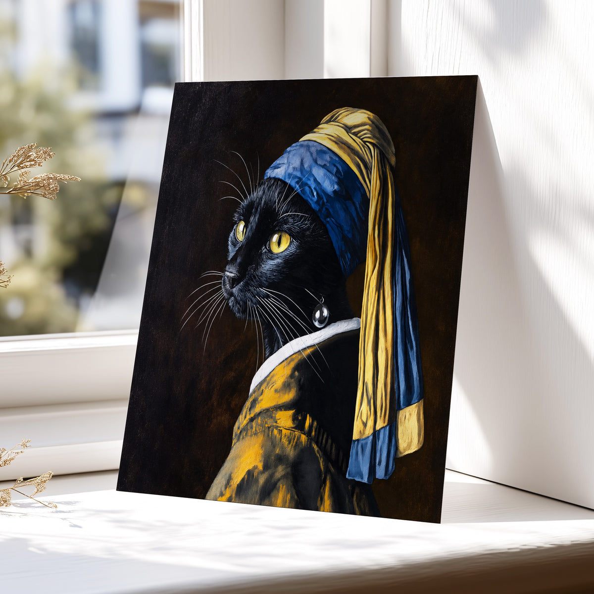 The Pearl-Earring Cat, black, blue, gold minimalist wall art displayed in a styled interior, gallery view 4