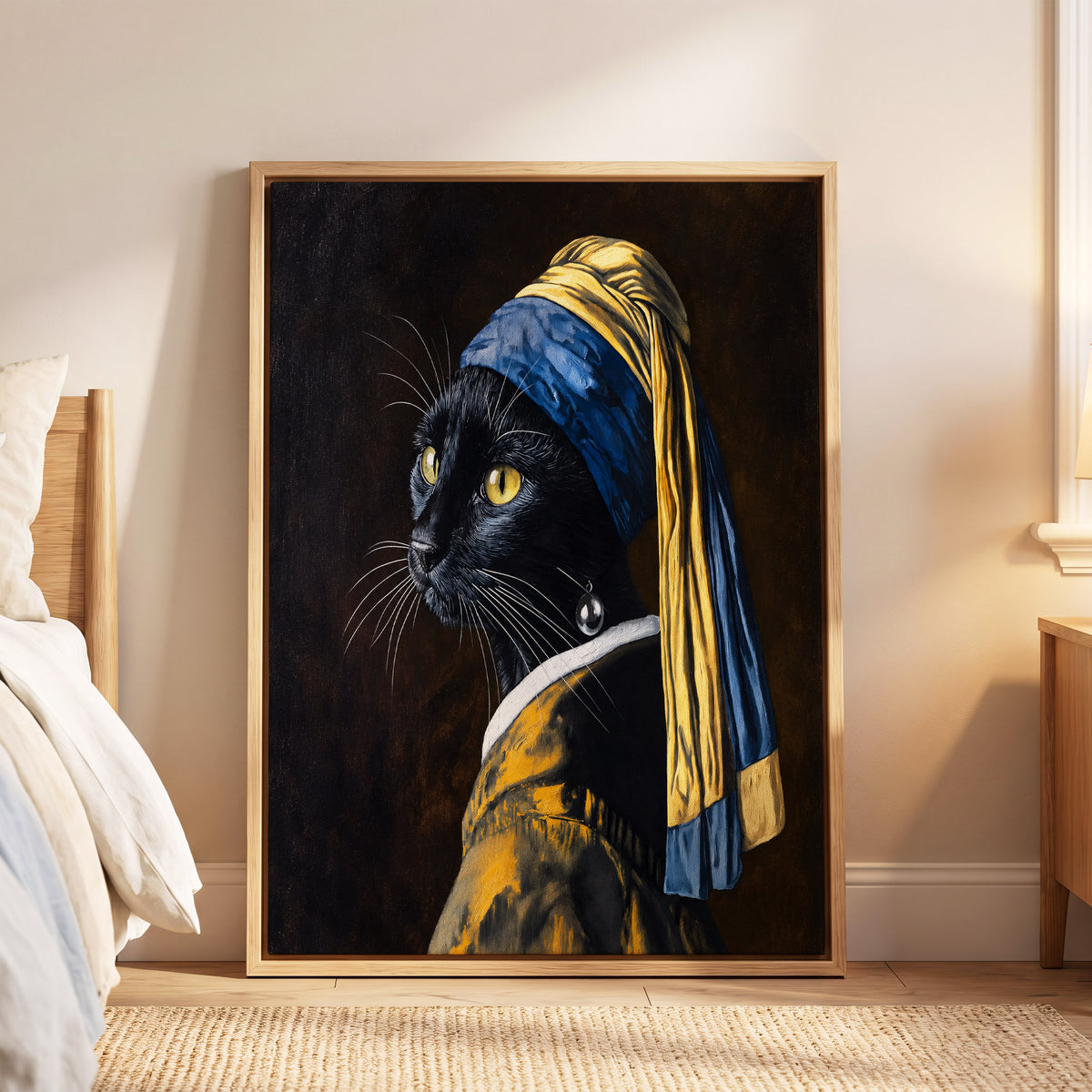 The Pearl-Earring Cat, black, blue, gold minimalist wall art displayed in a styled interior, gallery view 5