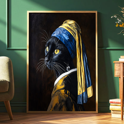 The Pearl-Earring Cat, black, blue, gold minimalist wall art displayed in a styled interior, gallery view 6