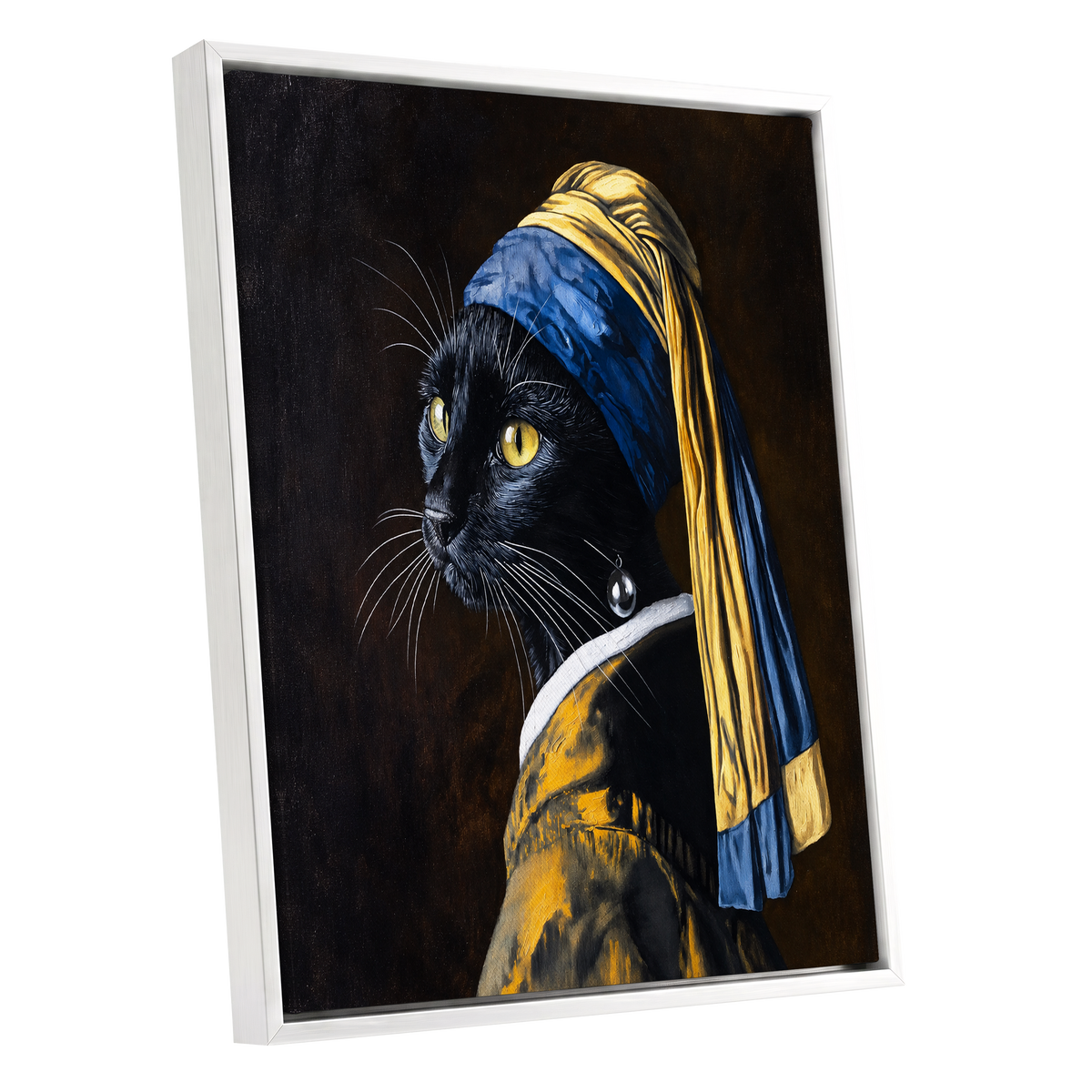 The Pearl-Earring Cat, black, blue, gold minimalist wall art shown as a white framed canvas wall art