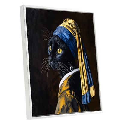 The Pearl-Earring Cat, black, blue, gold minimalist wall art shown as a white framed canvas wall art