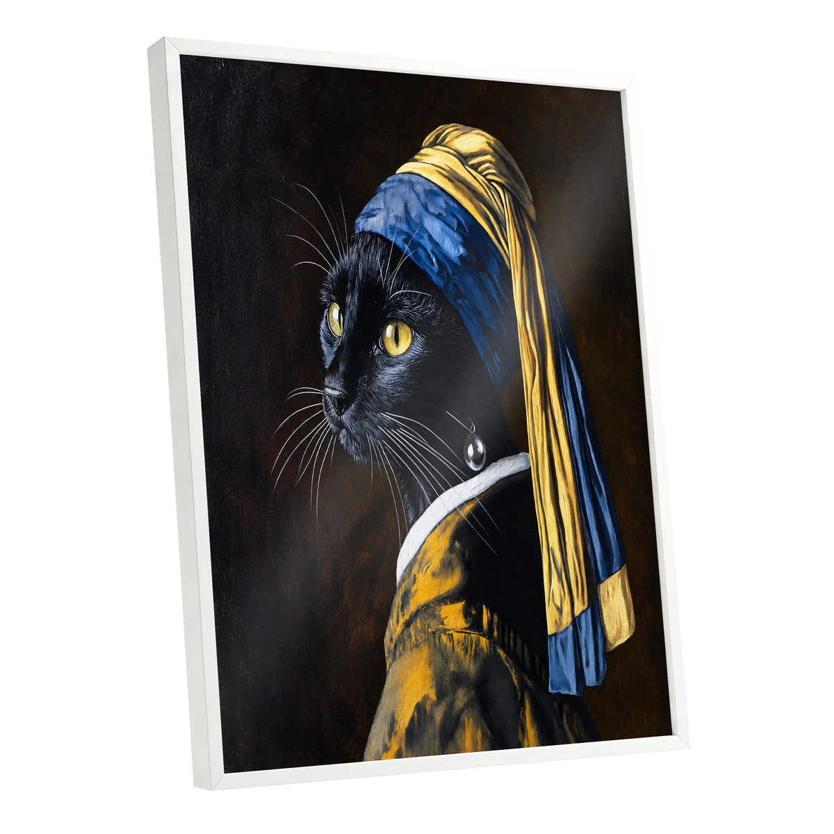 The Pearl-Earring Cat, black, blue, gold minimalist wall art shown as a white framed poster wall art print