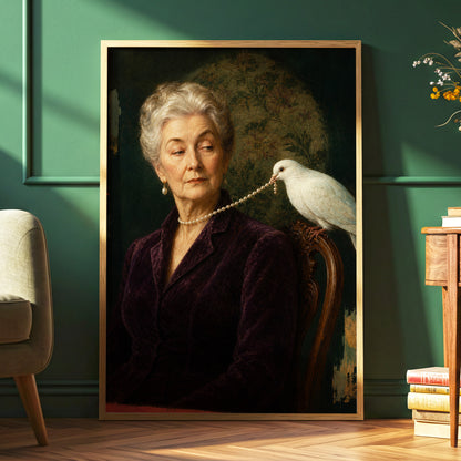 The Pearl Thief, green, purple, white abstract wall art displayed in a styled interior, gallery view 2