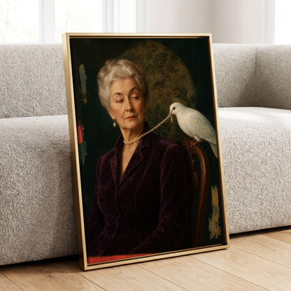 The Pearl Thief, green, purple, white abstract wall art displayed in a styled interior, gallery view 4