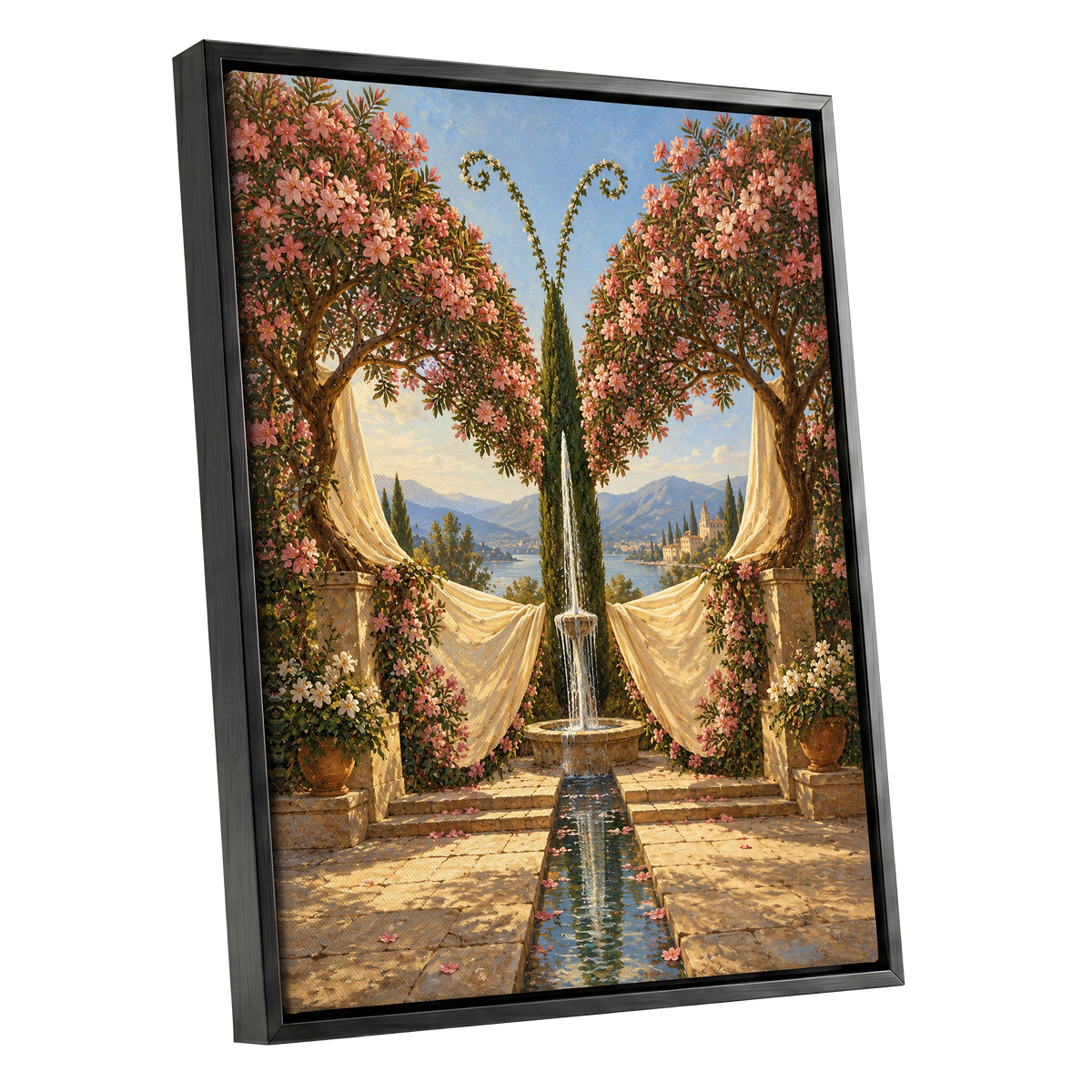 The Petal Courtyard, pink, green, beige floral wall art shown as a black framed canvas wall art