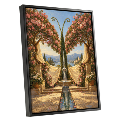 The Petal Courtyard, pink, green, beige floral wall art shown as a black framed canvas wall art
