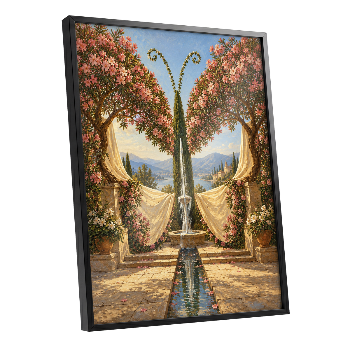 The Petal Courtyard, pink, green, beige floral wall art shown as a black framed poster wall art print
