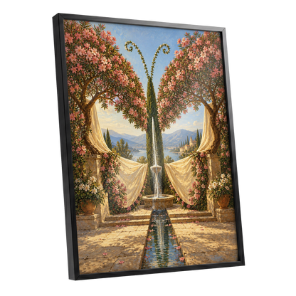 The Petal Courtyard, pink, green, beige floral wall art shown as a black framed poster wall art print