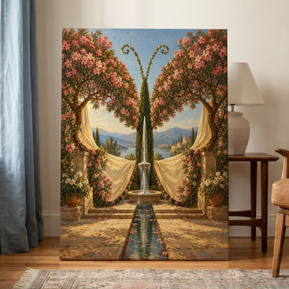 The Petal Courtyard, pink, green, beige floral wall art on canvas displayed in a styled interior, gallery view 1