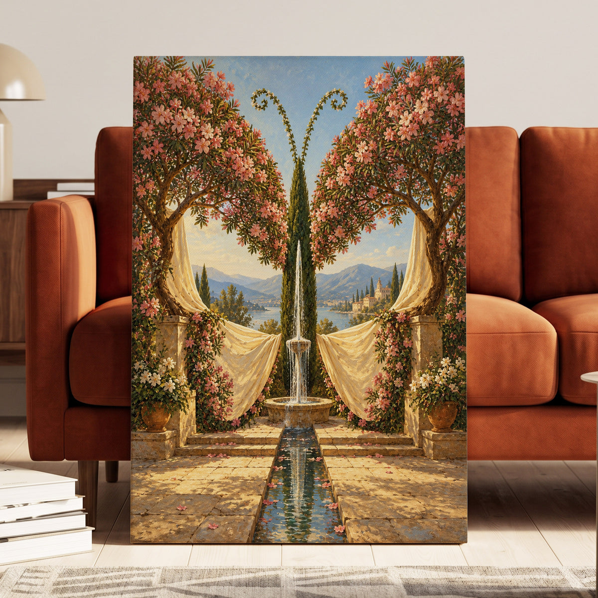 The Petal Courtyard, pink, green, beige floral wall art on canvas displayed in a styled interior, gallery view 2