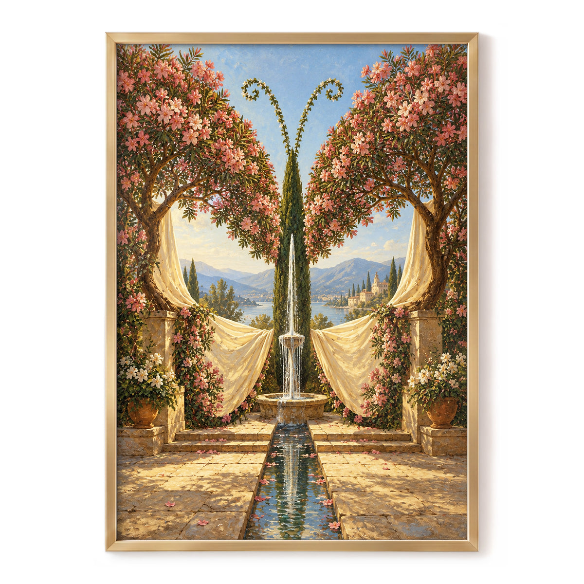The Petal Courtyard, pink, green, beige floral wall art, front artwork view